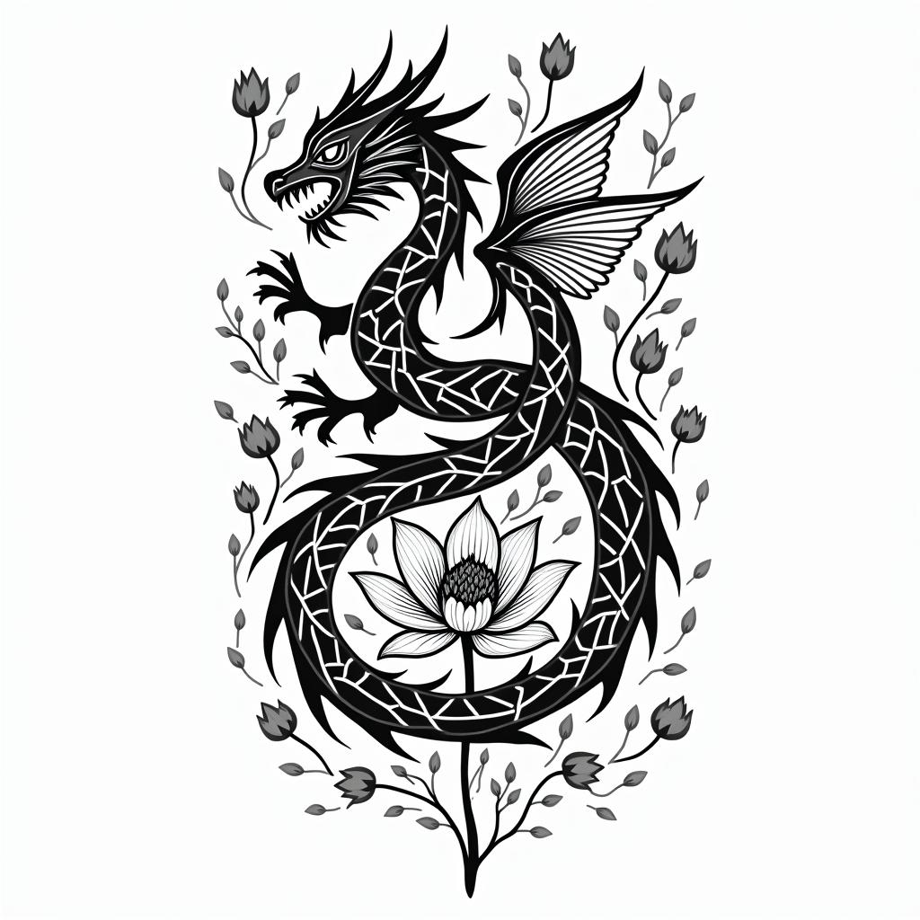 A minimalism
dragon surrounded by larkspurs and water lily’sin tribal tattoo style, featuring bold and black geometric shapes, curved lines, intertwine and flow seamlessly, creating a powerful and symbolic design, polynesian and maori styles - Variation 2