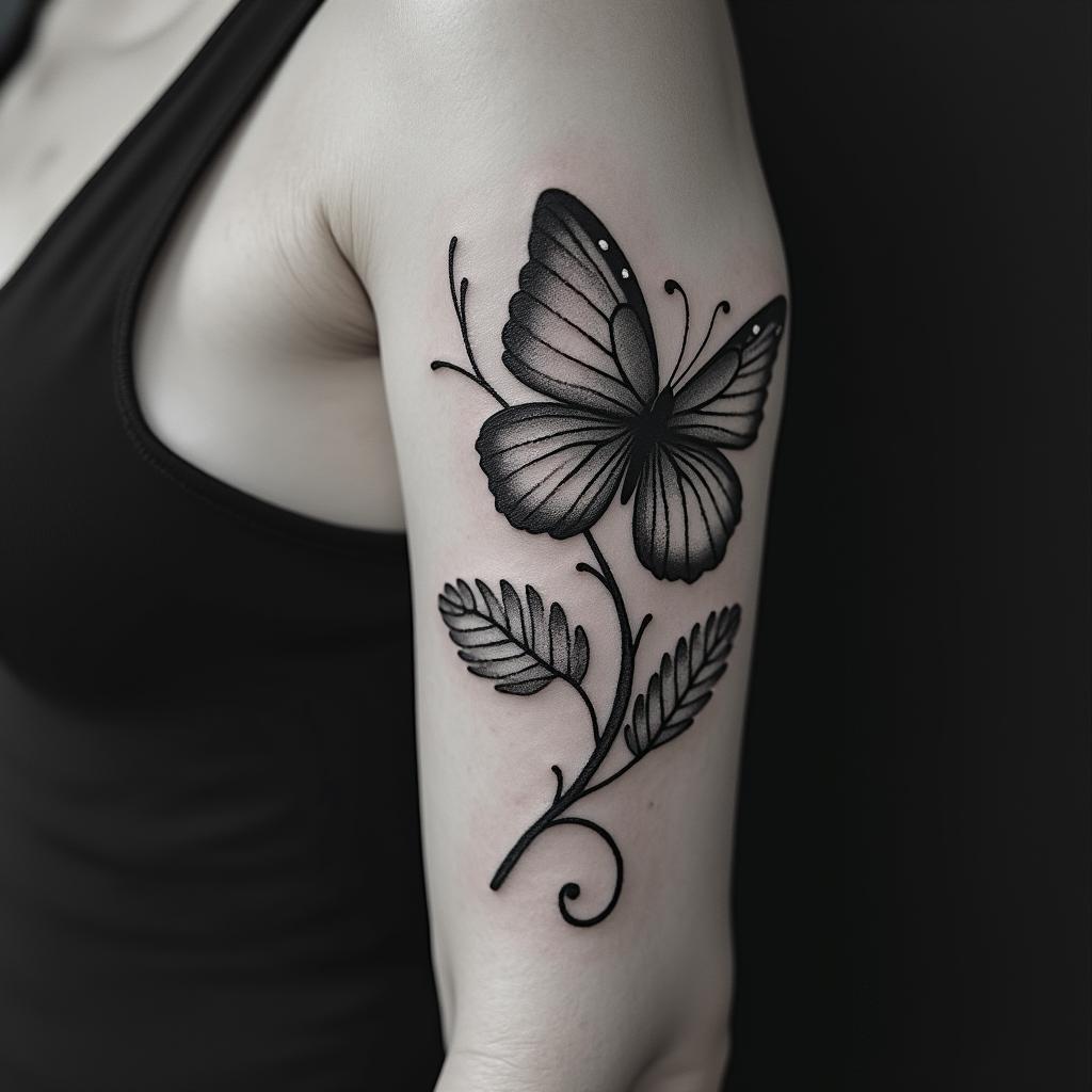 Roman numerals 02/02/17 maddie in cursive and butterfly or hibiscushigly detailed tattoo