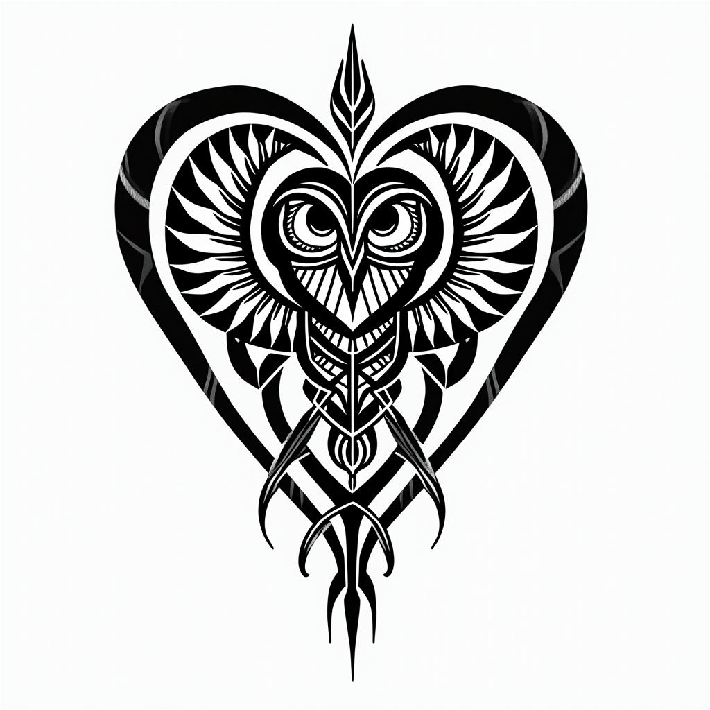 Spider web heart owl branchin tribal tattoo style, featuring bold and black geometric shapes, curved lines, intertwine and flow seamlessly, creating a powerful and symbolic design, polynesian and maori styles - Variation 4