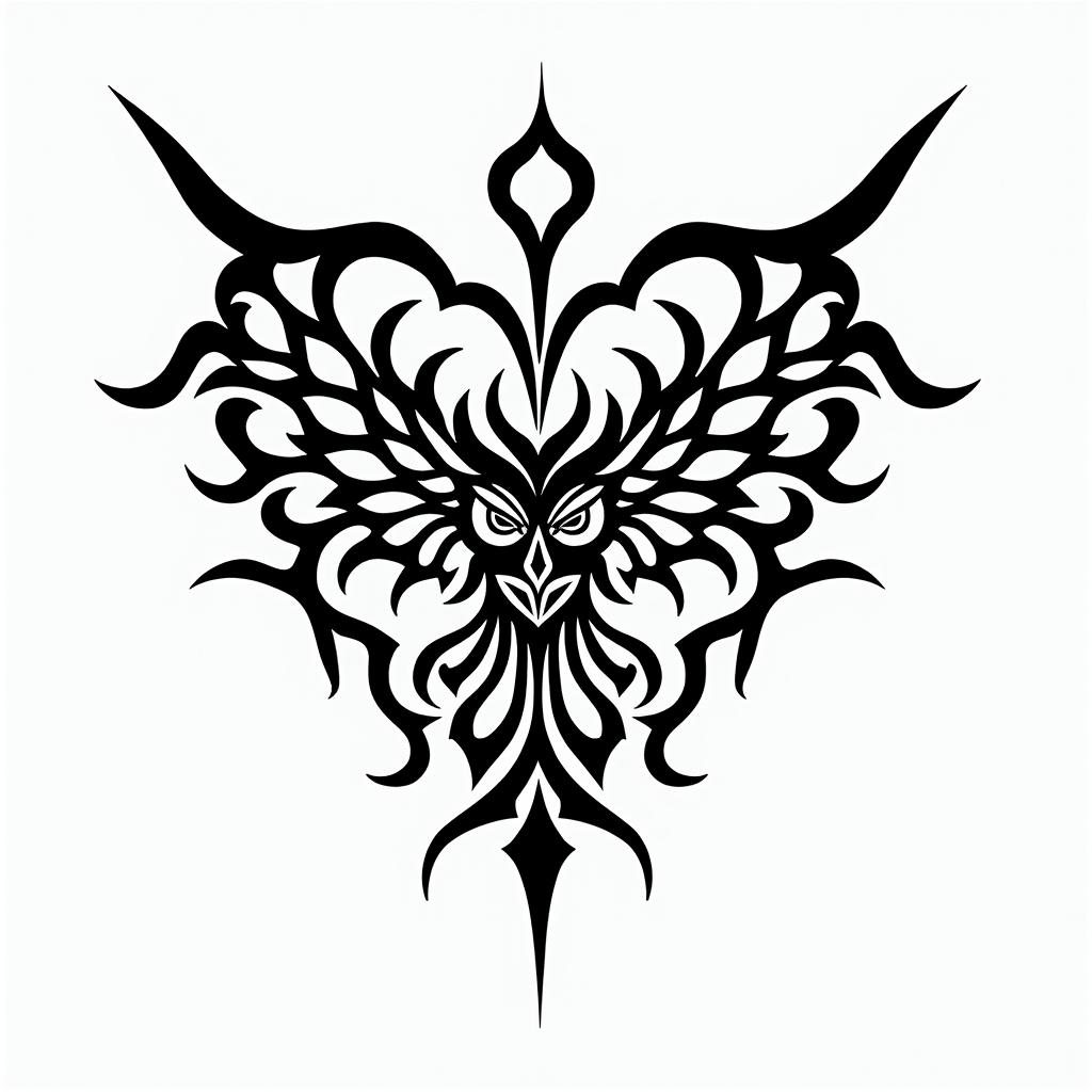 Spider web heart owl branchin tribal tattoo style, featuring bold and black geometric shapes, curved lines, intertwine and flow seamlessly, creating a powerful and symbolic design, polynesian and maori styles - Variation 2