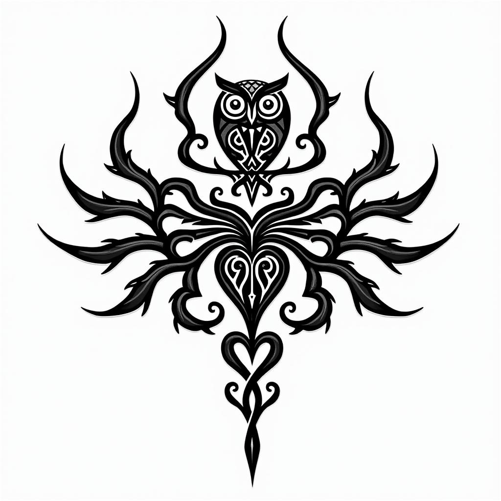 Spider web heart owl branchin tribal tattoo style, featuring bold and black geometric shapes, curved lines, intertwine and flow seamlessly, creating a powerful and symbolic design, polynesian and maori styles - Variation 3