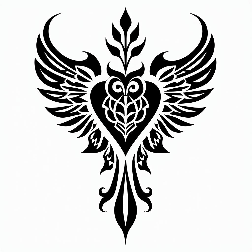 Spider web heart owl branchin tribal tattoo style, featuring bold and black geometric shapes, curved lines, intertwine and flow seamlessly, creating a powerful and symbolic design, polynesian and maori styles