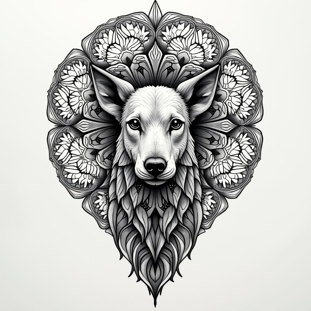 Wildlife in geometric style tattoo, blending hexagons, mandala-inspired patterns, symmetrical and fractal design, clean lines, sharp angles - Variation 2