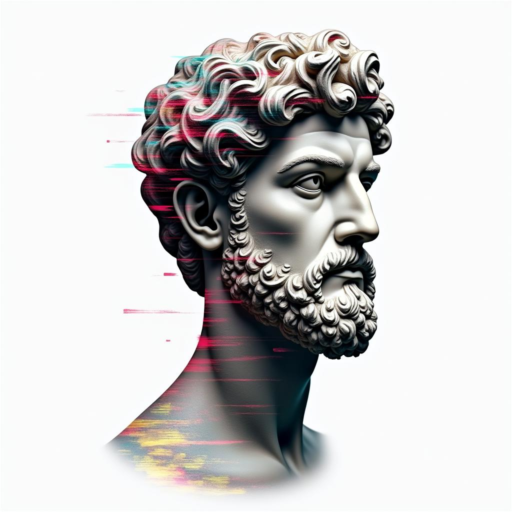 Tobias, Scorpio, November 11, 1994, Erlangenin distorted and fragmented tattoo design, featuring a classical statue bust, in a glitch art style with vibrant, overlapping colors of cyan, magenta, and yellow, creating a digital distortion effect - Variation 7