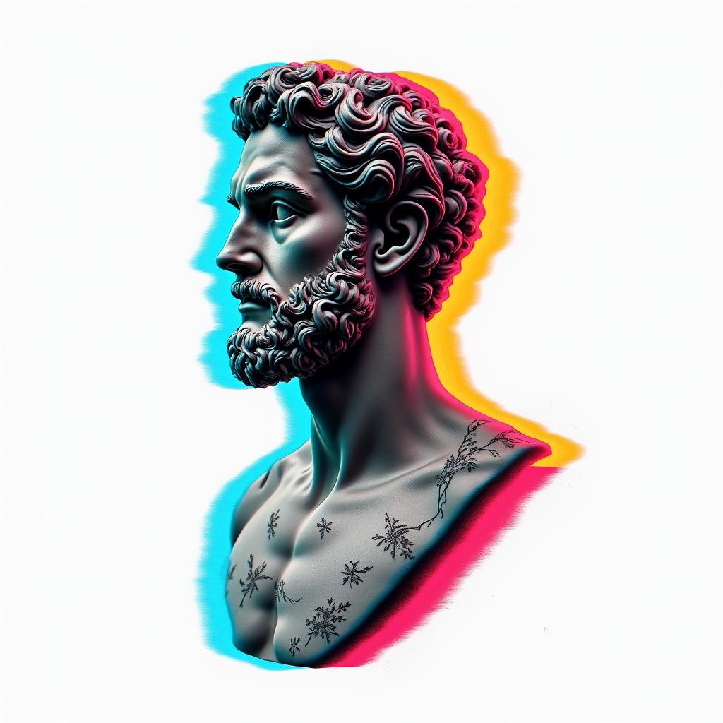 Tobias, Scorpio, November 11, 1994, Erlangenin distorted and fragmented tattoo design, featuring a classical statue bust, in a glitch art style with vibrant, overlapping colors of cyan, magenta, and yellow, creating a digital distortion effect - Variation 6