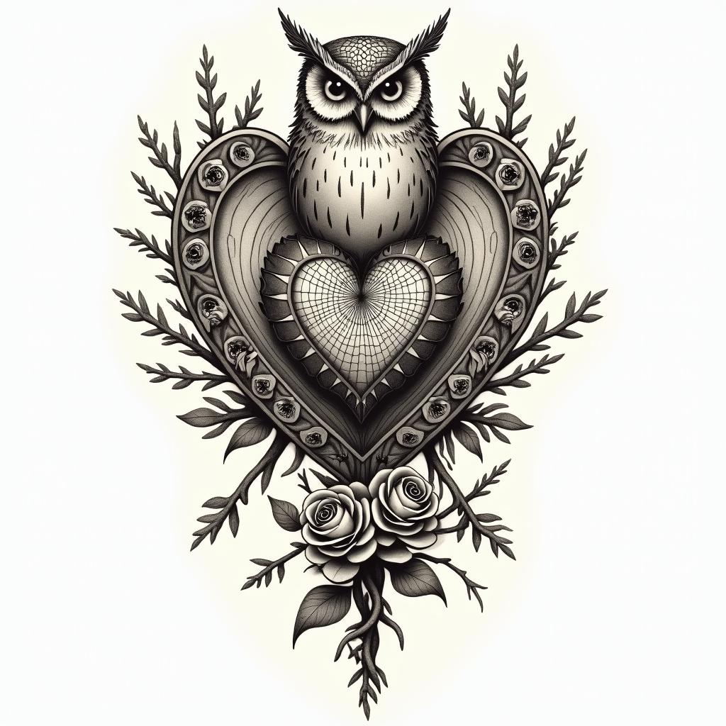 Spider web heart owl branchin victorian style tattoo, featuring vintage and elegant elements, ornate frames, roses, antique, sepia-toned color scheme - Variation 3