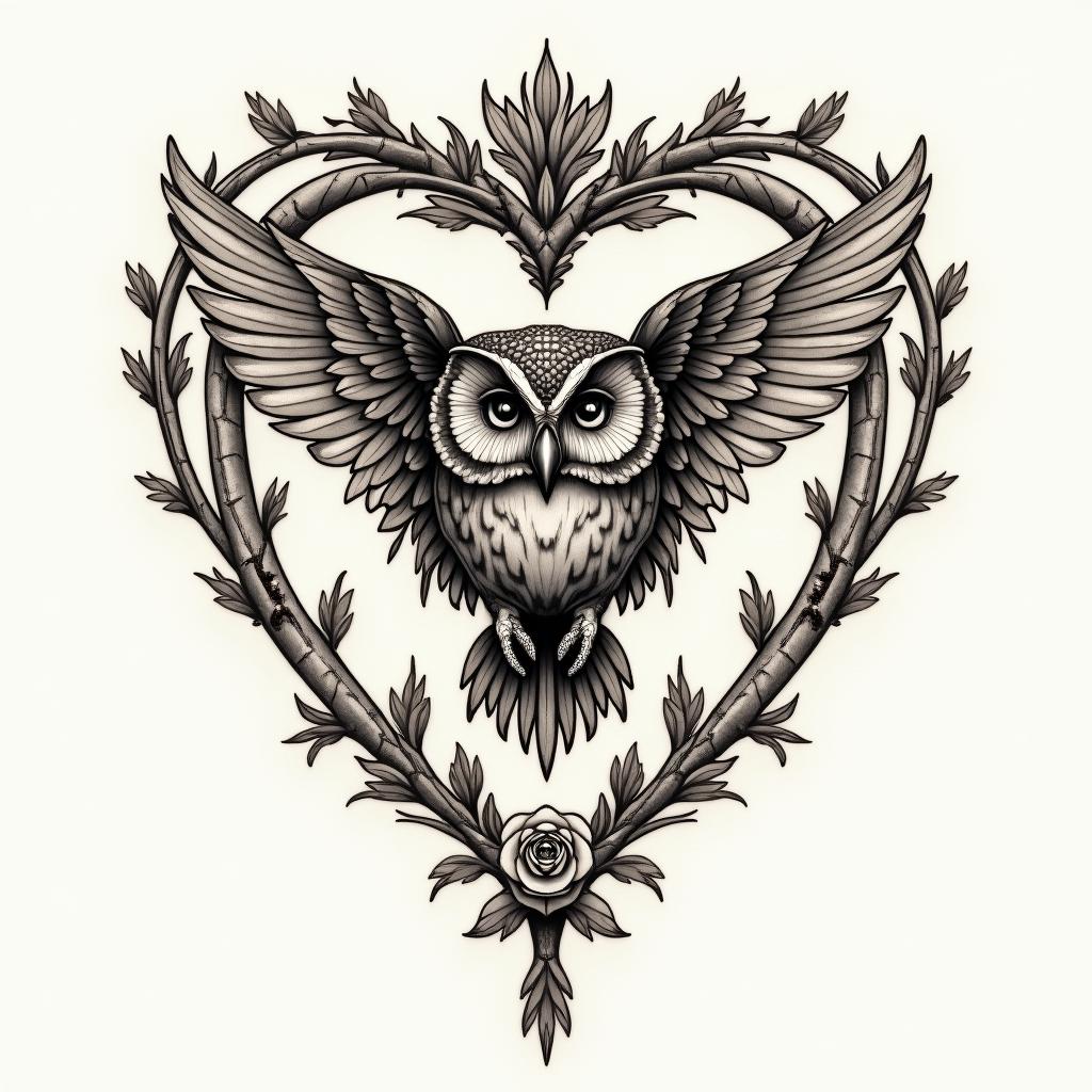 Spider web heart owl branchin victorian style tattoo, featuring vintage and elegant elements, ornate frames, roses, antique, sepia-toned color scheme