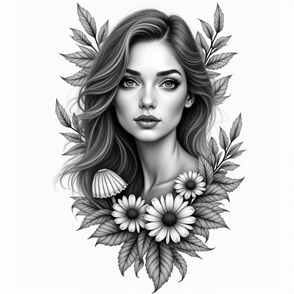 Tanya, 42 years old, I’m a Virgo, 11:11 , the lion is my crown chakra, aster is my birth flower, I like mushrooms and wildflowers, I want a tattoo sleeve, with a realistic female facein bohemian style tattoo, 8k - Variation 2