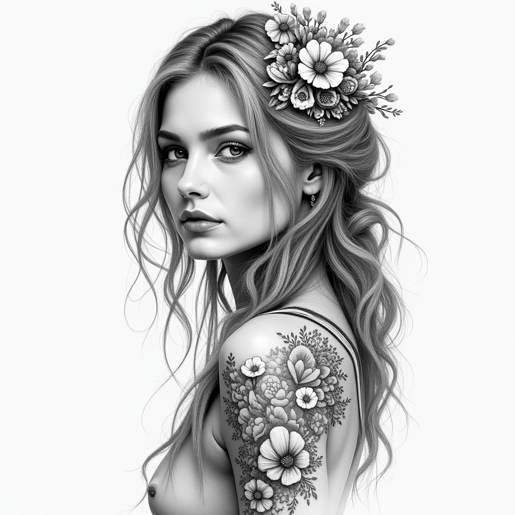 Tanya, 42 years old, I’m a Virgo, 11:11 , the lion is my crown chakra, aster is my birth flower, I like mushrooms and wildflowers, I want a tattoo sleeve, with a realistic female facein bohemian style tattoo, 8k - Variation 1