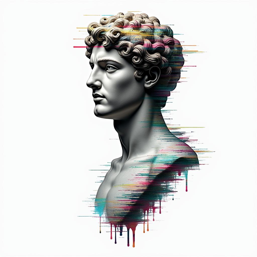 Tobias, Scorpio, November 11, 1994, Erlangenin distorted and fragmented tattoo design, featuring a classical statue bust, in a glitch art style with vibrant, overlapping colors of cyan, magenta, and yellow, creating a digital distortion effect - Variation 4