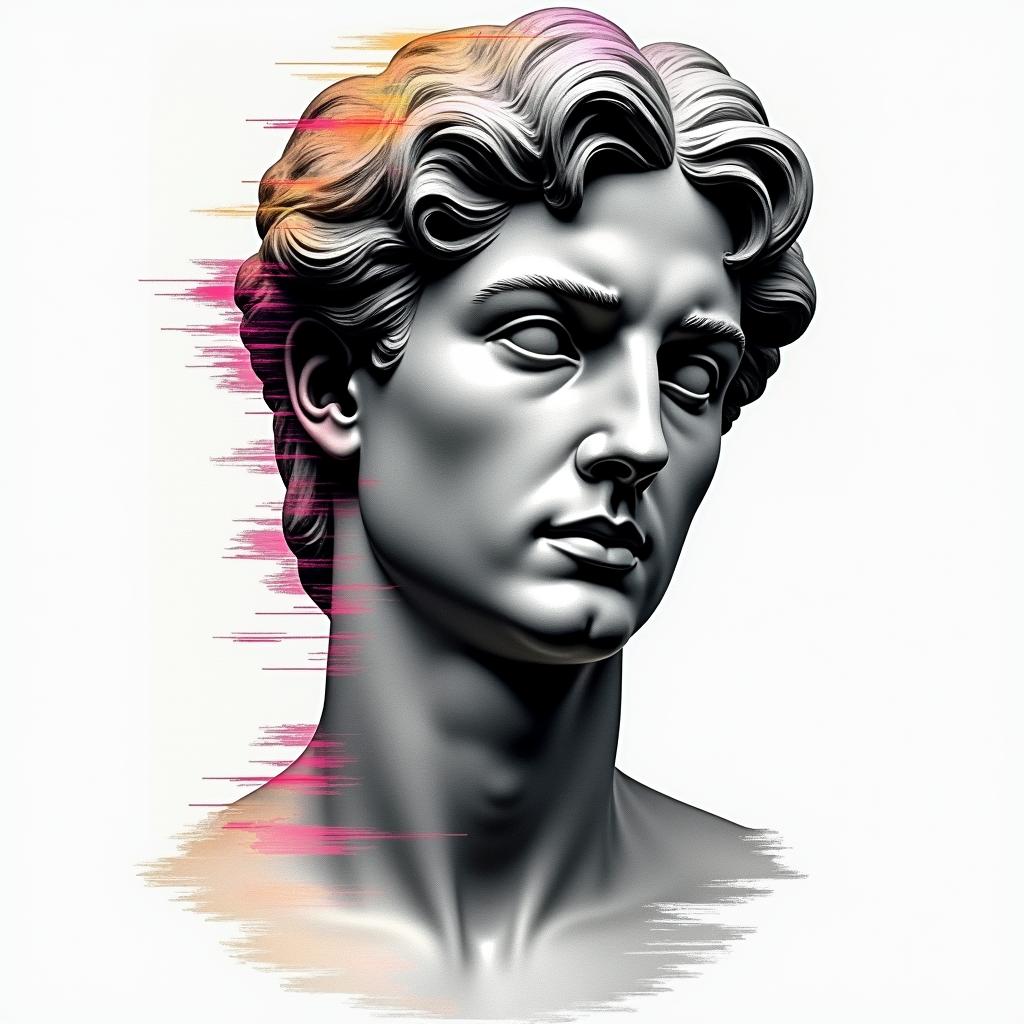 Tobias, Scorpio, November 11, 1994, Erlangenin distorted and fragmented tattoo design, featuring a classical statue bust, in a glitch art style with vibrant, overlapping colors of cyan, magenta, and yellow, creating a digital distortion effect - Variation 3
