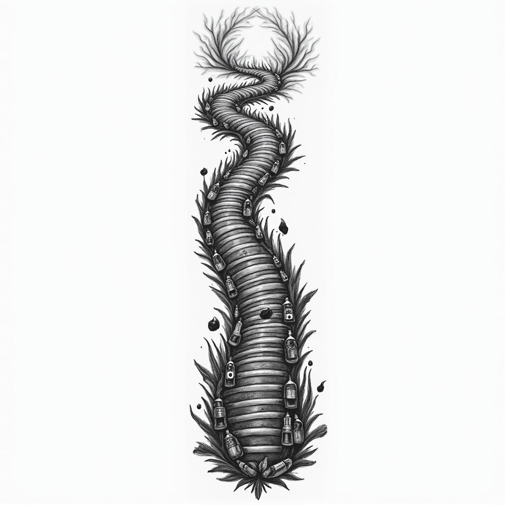 A tattoo design depicting a path along the spine as a metaphor for life's struggles, featuring elements of a tug-of-war symbolizing the battle with addiction and depression. Along the path, include imagery of gambling chips, bottles of alcohol, and trash to represent the challenges faced. At the end of the path, a pot of gold symbolizes the positive change, unity, and the reconnection with family after overcoming adversity, with debris fading away to signify hope and resilience.higly detailed tattoo - Variation 4