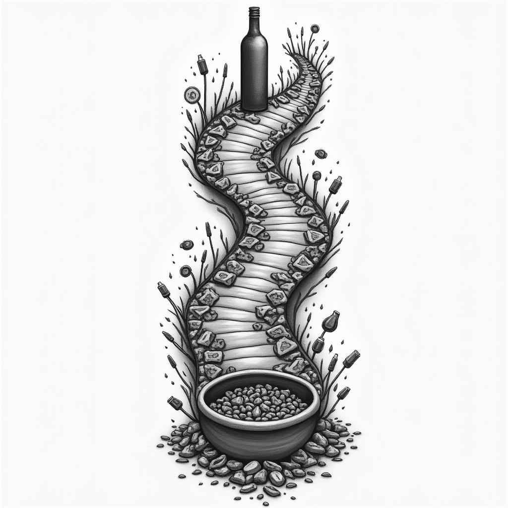 A tattoo design depicting a path along the spine as a metaphor for life's struggles, featuring elements of a tug-of-war symbolizing the battle with addiction and depression. Along the path, include imagery of gambling chips, bottles of alcohol, and trash to represent the challenges faced. At the end of the path, a pot of gold symbolizes the positive change, unity, and the reconnection with family after overcoming adversity, with debris fading away to signify hope and resilience.higly detailed tattoo - Variation 3