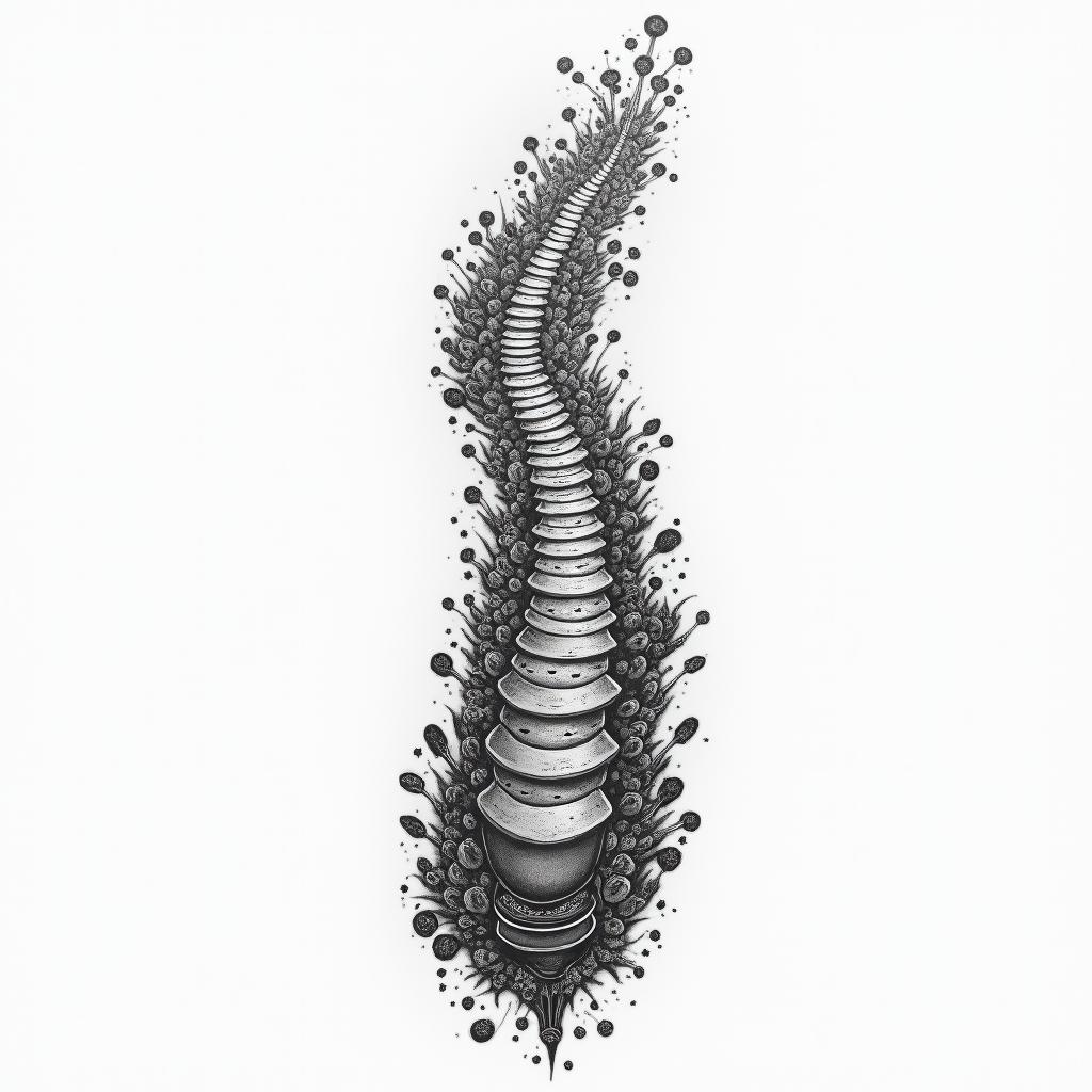 A tattoo design depicting a path along the spine as a metaphor for life's struggles, featuring elements of a tug-of-war symbolizing the battle with addiction and depression. Along the path, include imagery of gambling chips, bottles of alcohol, and trash to represent the challenges faced. At the end of the path, a pot of gold symbolizes the positive change, unity, and the reconnection with family after overcoming adversity, with debris fading away to signify hope and resilience.higly detailed tattoo - Variation 2