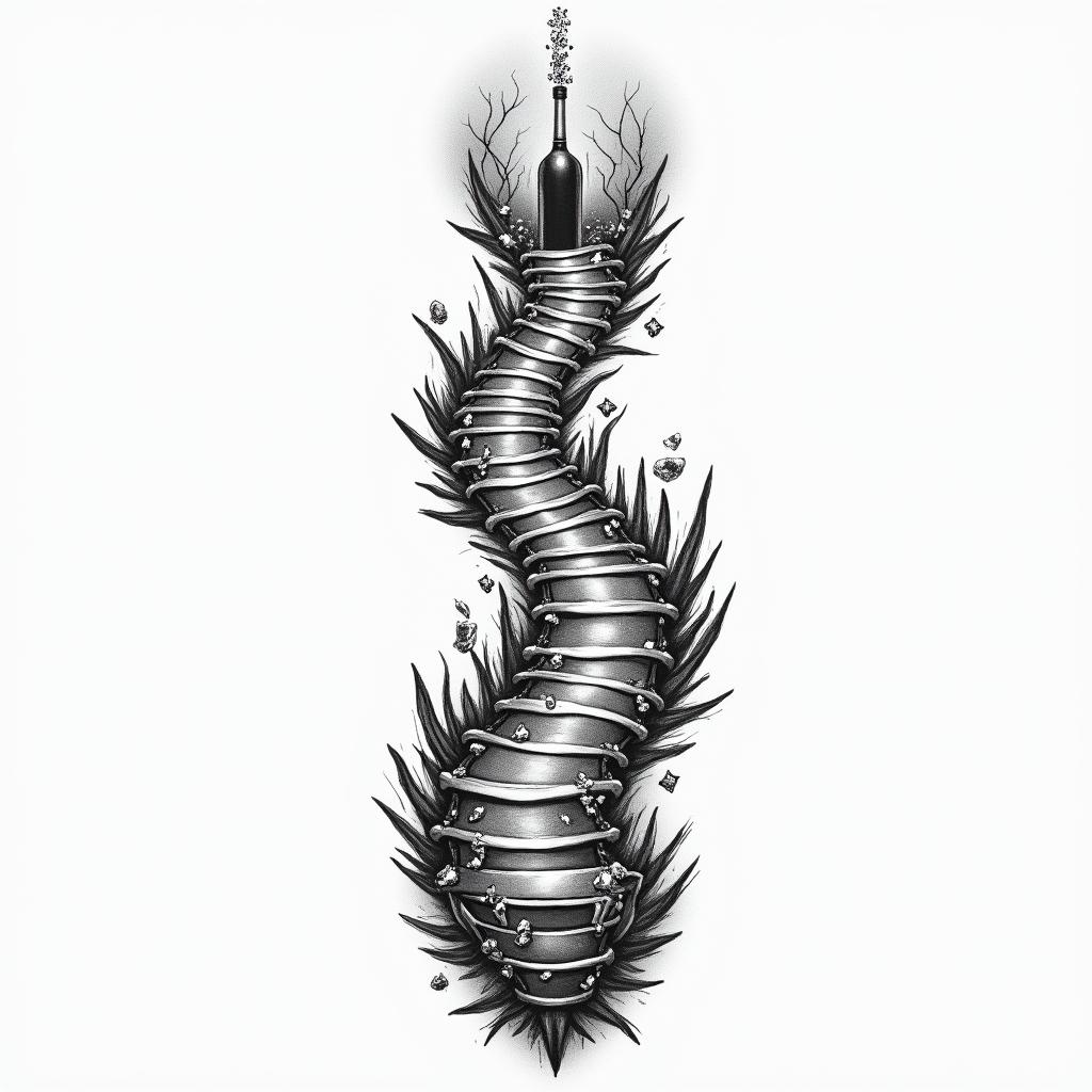 A tattoo design depicting a path along the spine as a metaphor for life's struggles, featuring elements of a tug-of-war symbolizing the battle with addiction and depression. Along the path, include imagery of gambling chips, bottles of alcohol, and trash to represent the challenges faced. At the end of the path, a pot of gold symbolizes the positive change, unity, and the reconnection with family after overcoming adversity, with debris fading away to signify hope and resilience.higly detailed tattoo
