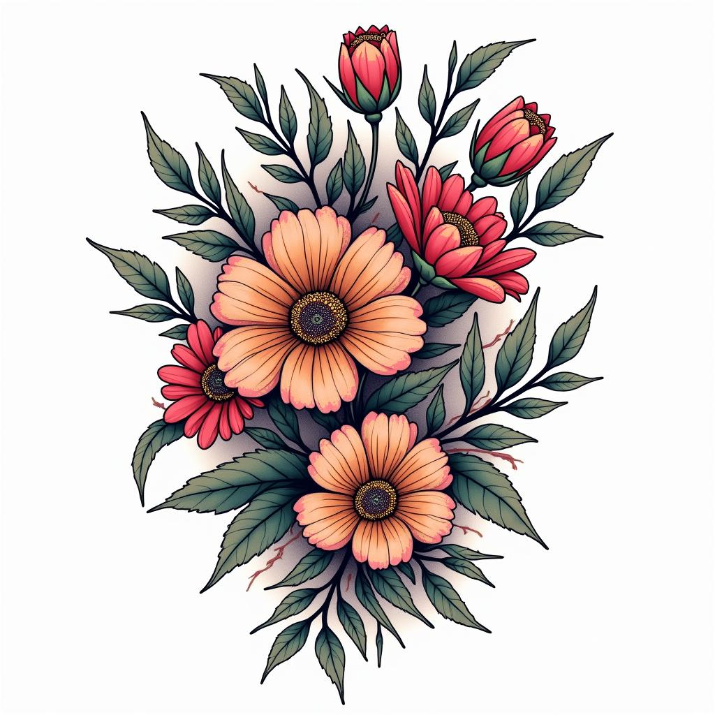 A bracelet of various flowers.in pop art style tattoo, featuring bold and vibrant colors, exaggerated outlines, iconic imagery, inspired by comic books and speech bubbles, comic book characters, retro pop culture - Variation 3