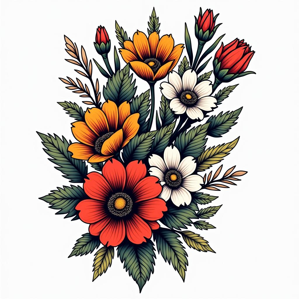 A bracelet of various flowers.in pop art style tattoo, featuring bold and vibrant colors, exaggerated outlines, iconic imagery, inspired by comic books and speech bubbles, comic book characters, retro pop culture