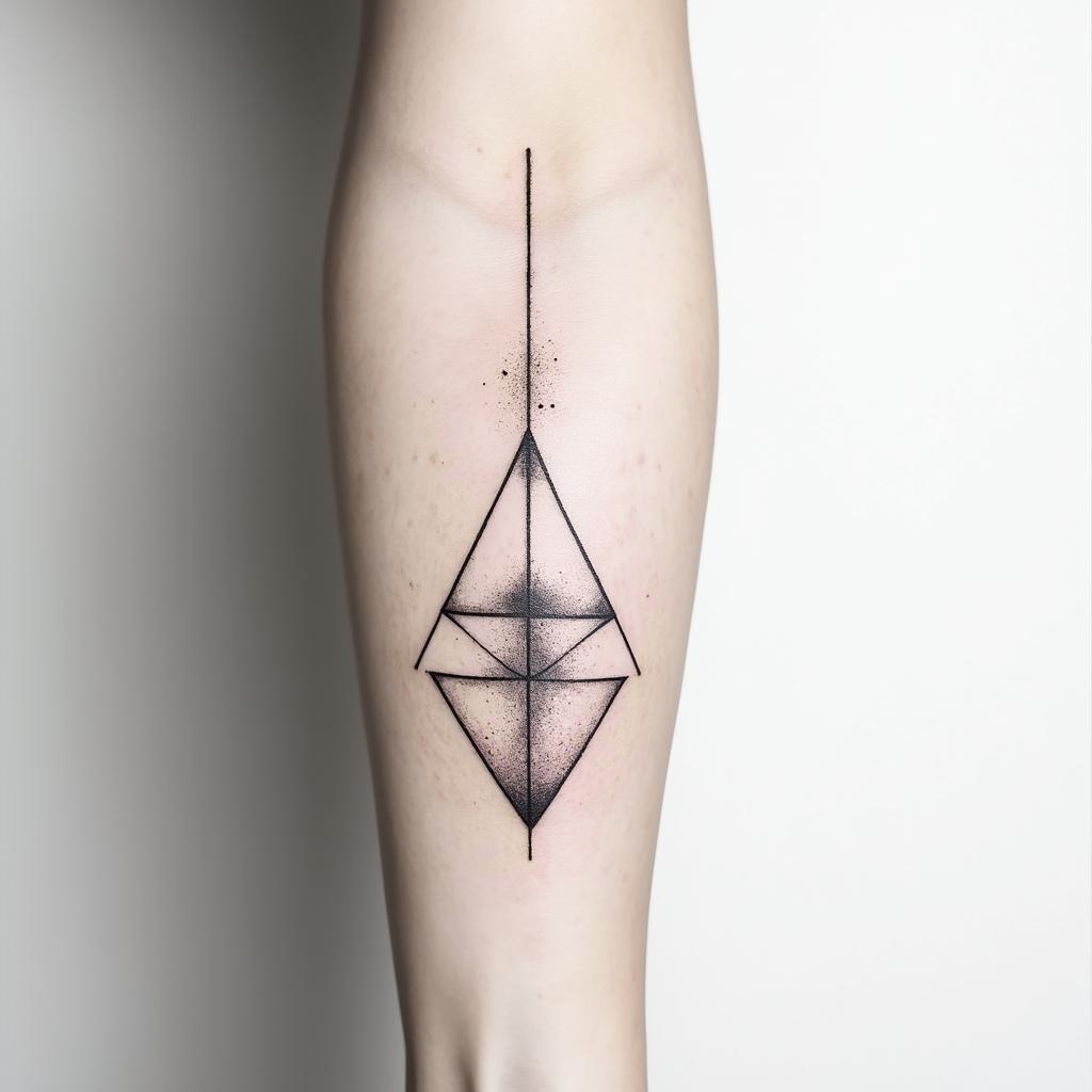 A modern fineline tattoo about balance in the upper armin minimalist style tattoo, featuring simple shapes and fine lines, with minimal shading and details, tiny triangles, creating a sense of balance and harmony