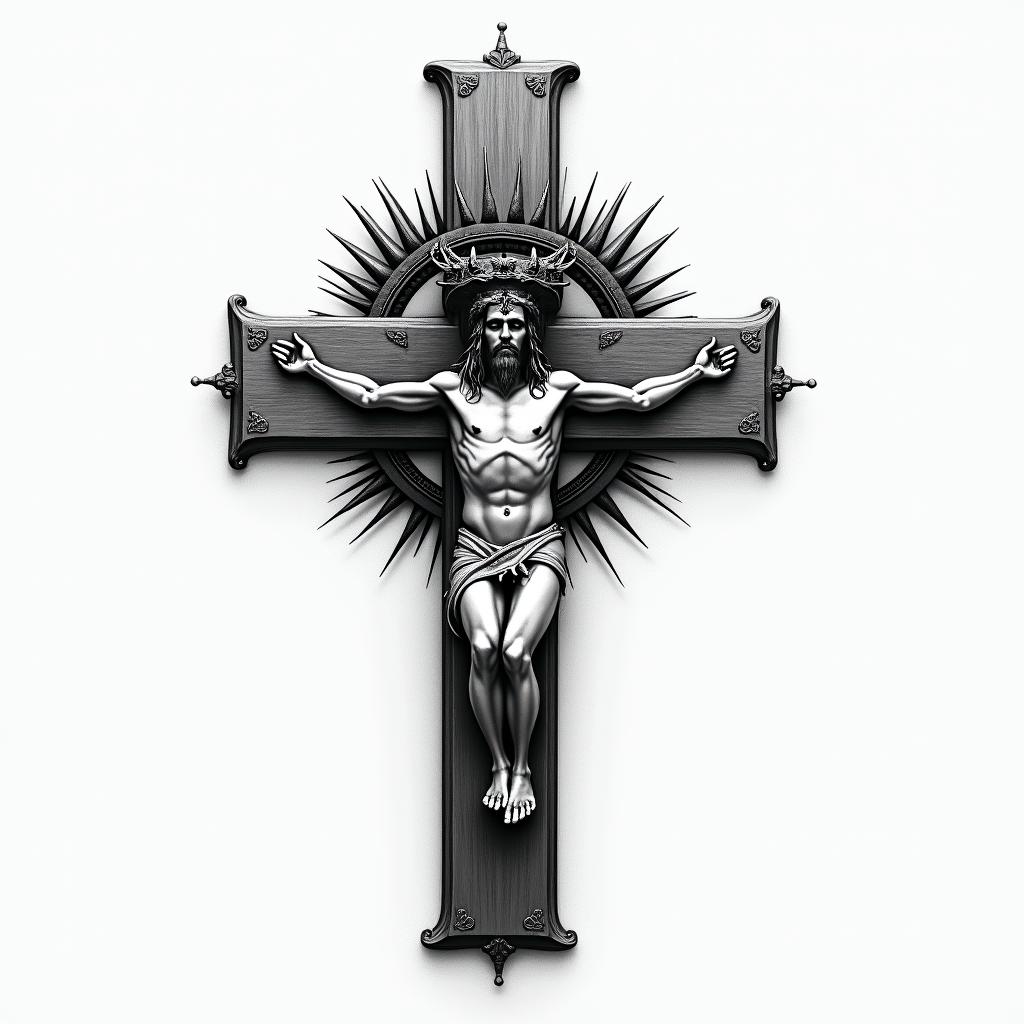 Christian cross, crown of thornshigly detailed tattoo - Variation 4