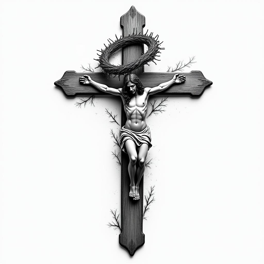 Christian cross, crown of thornshigly detailed tattoo - Variation 3