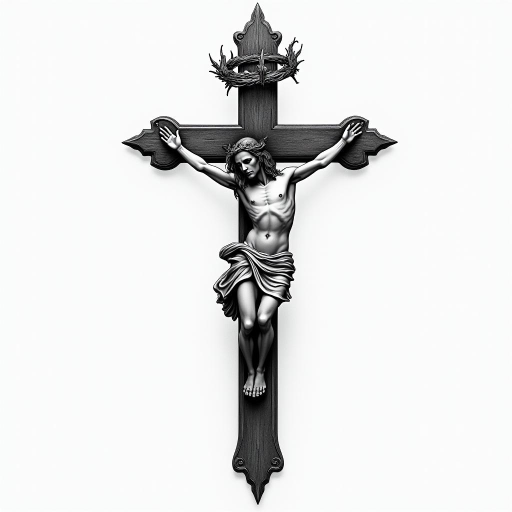 Christian cross, crown of thornshigly detailed tattoo