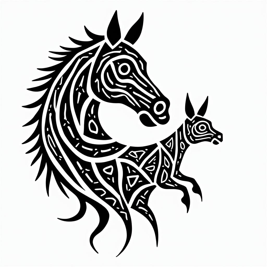 Horse and ratcoonin tribal tattoo style, featuring bold and black geometric shapes, curved lines, intertwine and flow seamlessly, creating a powerful and symbolic design, polynesian and maori styles - Variation 3