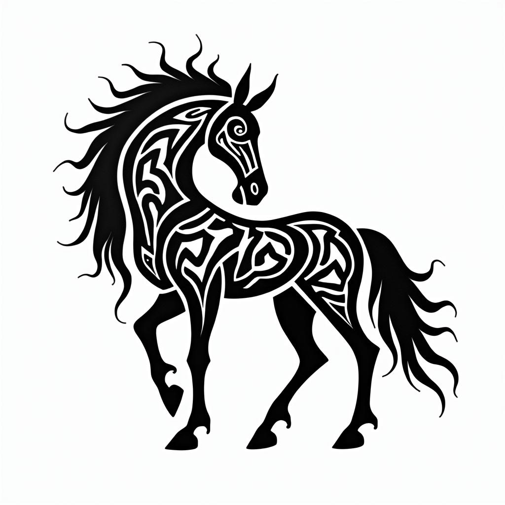 Horse and ratcoonin tribal tattoo style, featuring bold and black geometric shapes, curved lines, intertwine and flow seamlessly, creating a powerful and symbolic design, polynesian and maori styles