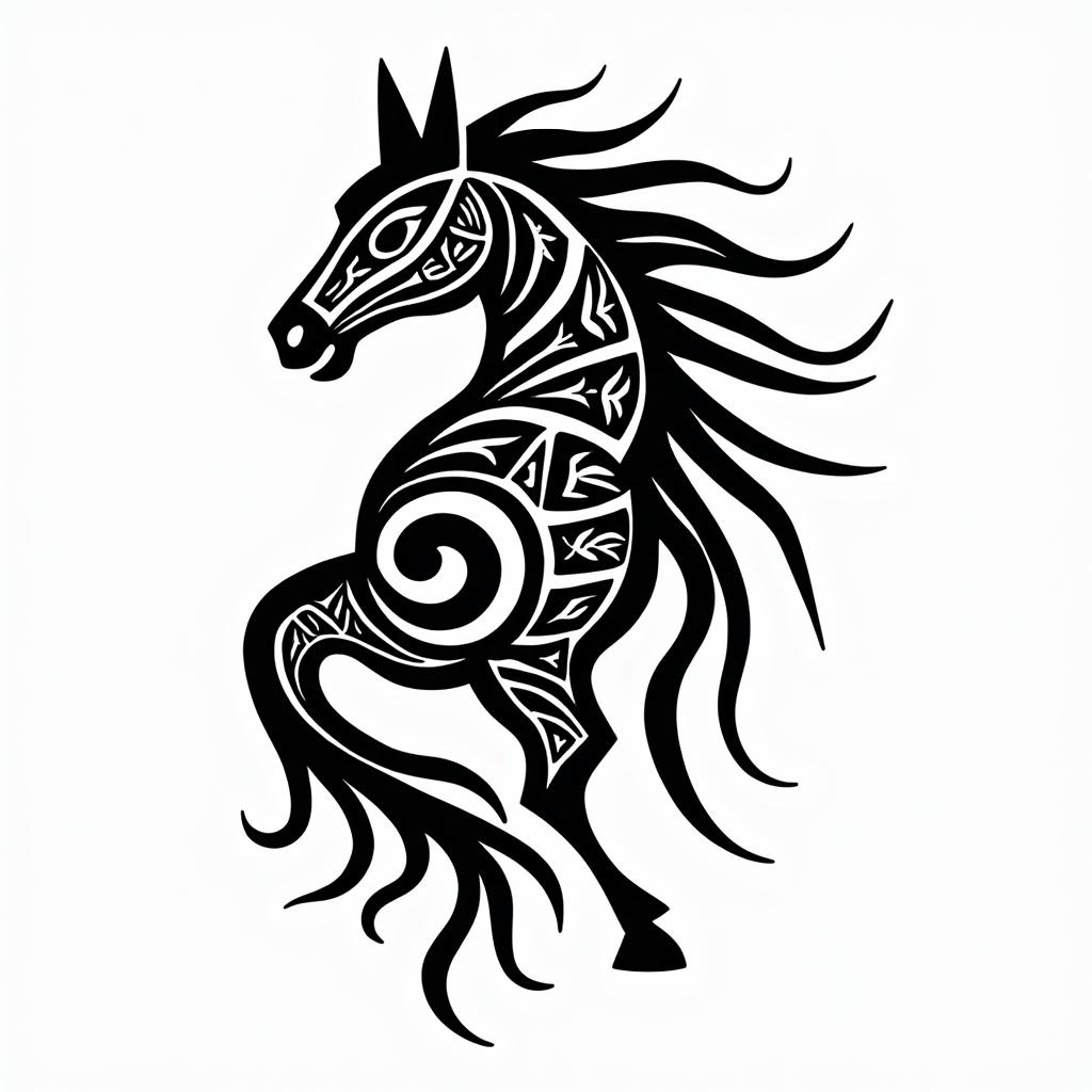 Horse and ratcoonin tribal tattoo style, featuring bold and black geometric shapes, curved lines, intertwine and flow seamlessly, creating a powerful and symbolic design, polynesian and maori styles - Variation 2