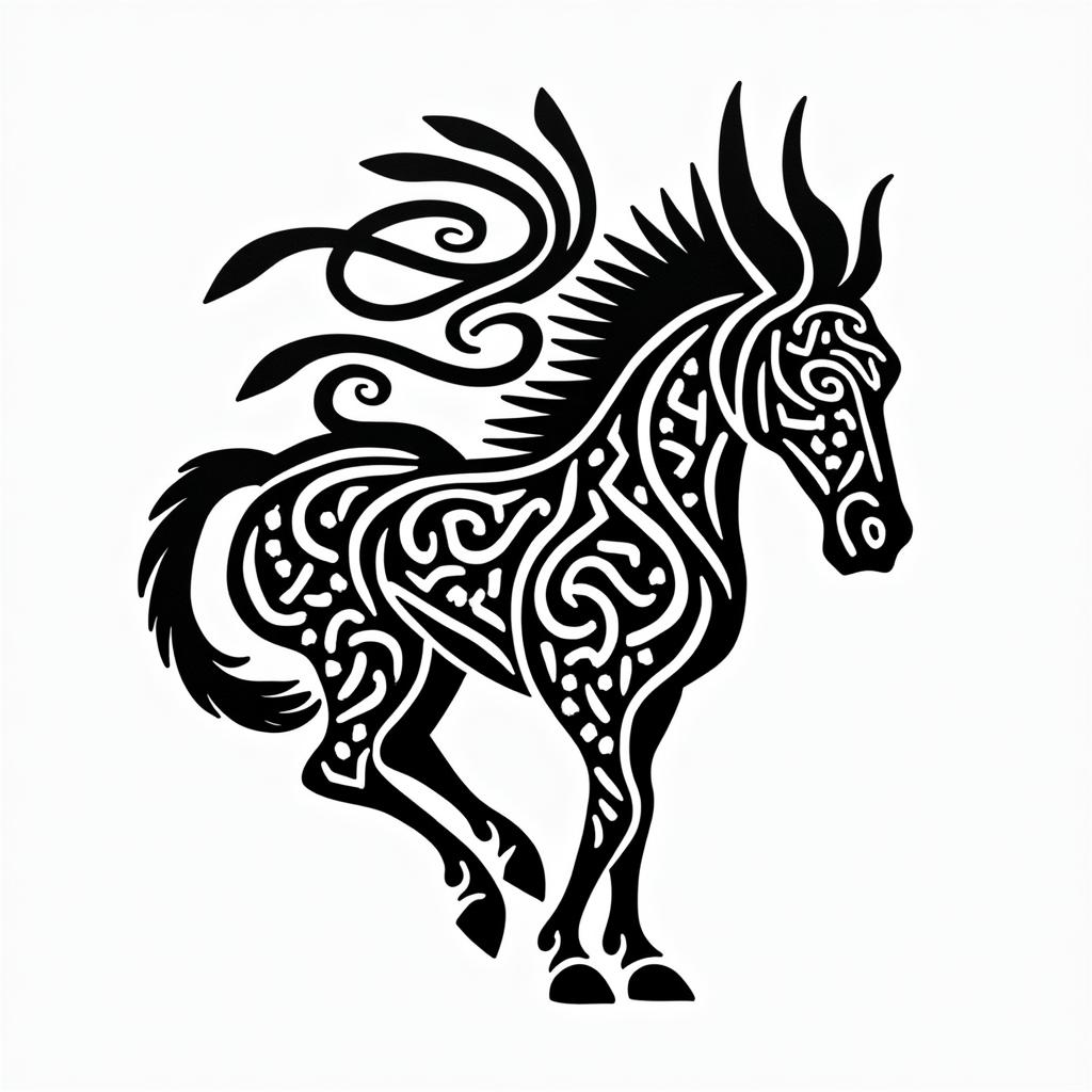 Horse and ratcoonin tribal tattoo style, featuring bold and black geometric shapes, curved lines, intertwine and flow seamlessly, creating a powerful and symbolic design, polynesian and maori styles - Variation 4
