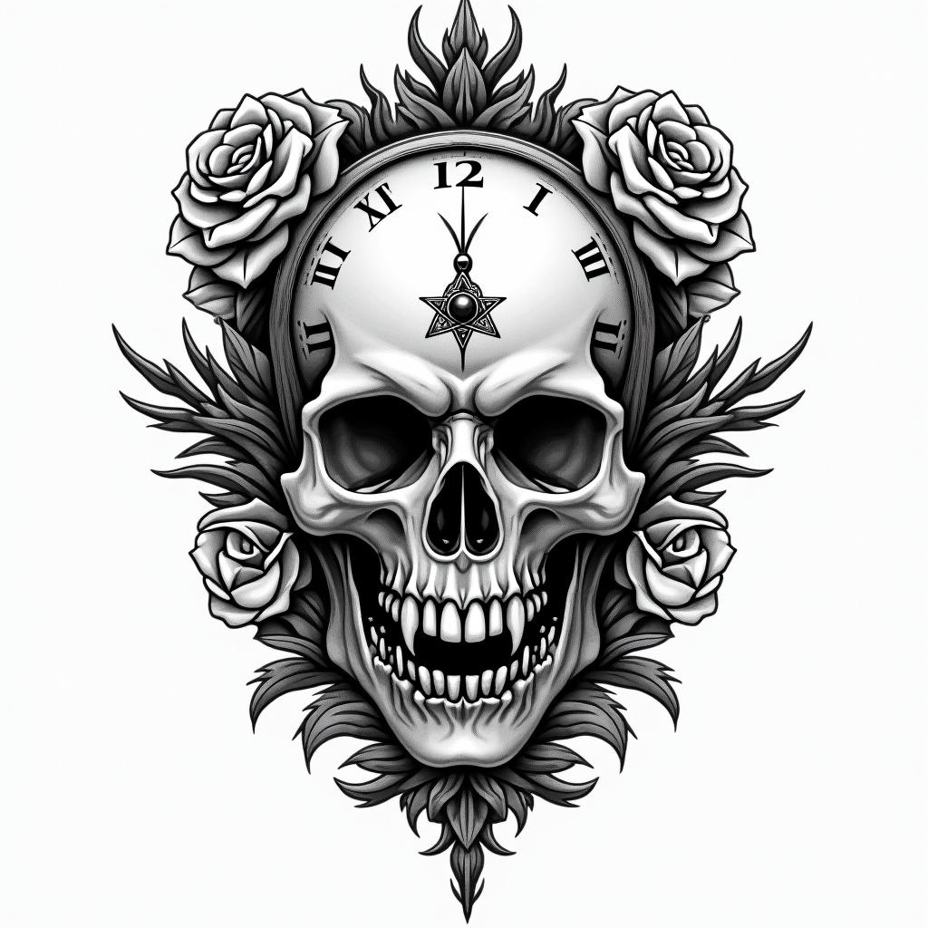 Skull with roses and clock elementscreepy horror tattoo style, featuring an eerie and unsettling skull of a demonic creature, distorted face with sharp fangs, add pentagram symbol - Variation 4