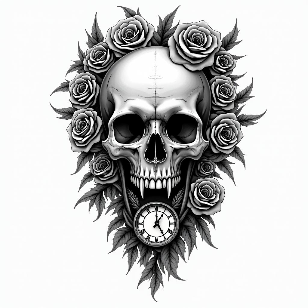 Skull with roses and clock elementscreepy horror tattoo style, featuring an eerie and unsettling skull of a demonic creature, distorted face with sharp fangs, add pentagram symbol - Variation 3