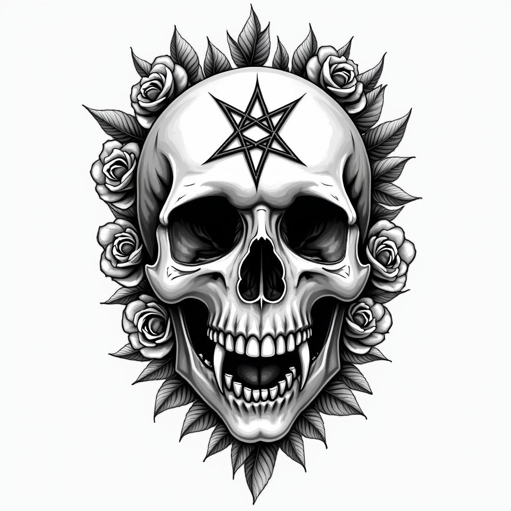 Skull with roses and clock elementscreepy horror tattoo style, featuring an eerie and unsettling skull of a demonic creature, distorted face with sharp fangs, add pentagram symbol - Variation 2