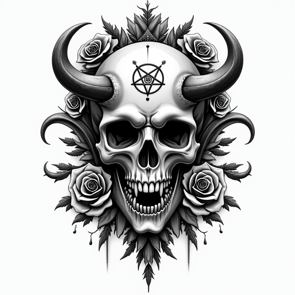 Skull with roses and clock elementscreepy horror tattoo style, featuring an eerie and unsettling skull of a demonic creature, distorted face with sharp fangs, add pentagram symbol