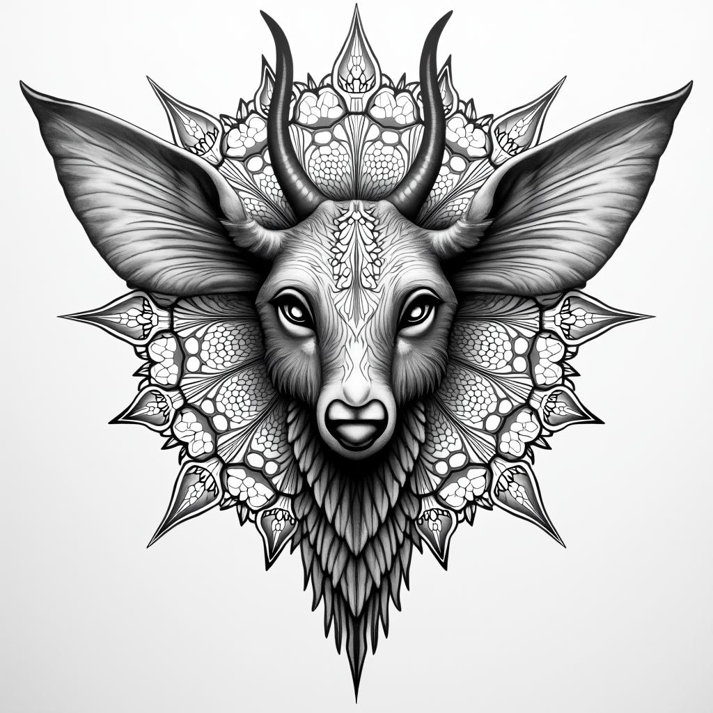 Wildlife in geometric style tattoo, blending hexagons, mandala-inspired patterns, symmetrical and fractal design, clean lines, sharp angles