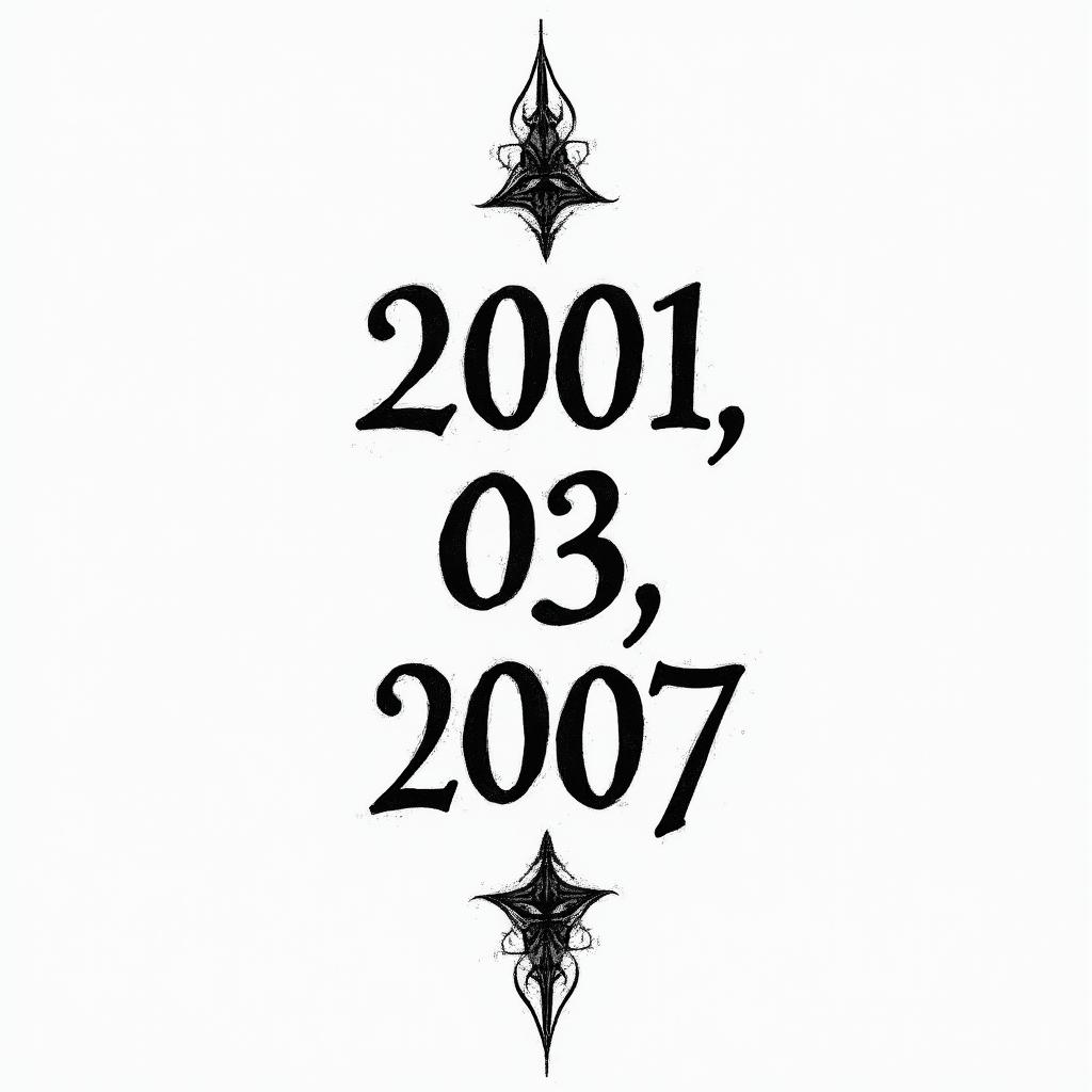 Use the dates “2001 -03-24 2003-02-06 2005-03-14 2017-02-11 2018-06-03 1986-12-30” to make many paths tattootext-based tattoo, gothic font ultra-realistic, perfectly placed, high-quality font design, photo-realistic shading, 8k, high quality, finely detailed typography