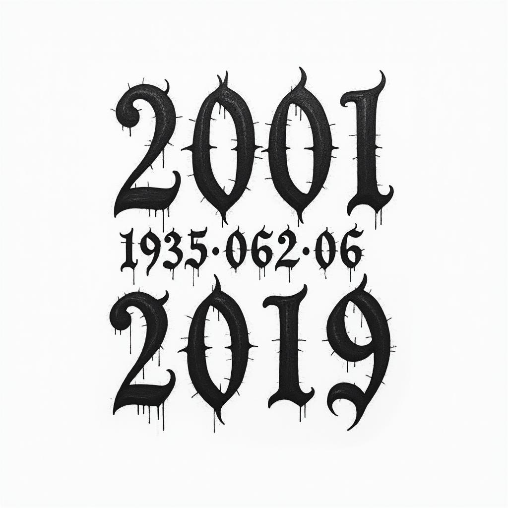 Use the dates “2001 -03-24 2003-02-06 2005-03-14 2017-02-11 2018-06-03 1986-12-30” to make many paths tattootext-based tattoo, gothic font ultra-realistic, perfectly placed, high-quality font design, photo-realistic shading, 8k, high quality, finely detailed typography - Variation 3