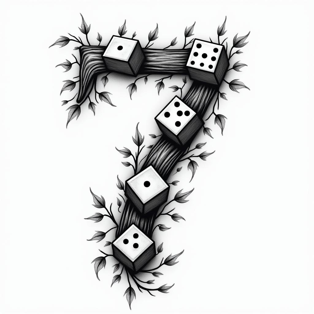 an abstract monochrome tattoo design featuring the number 7 intertwined with dice and ivy vines wrapping around them, symbolizing childhood luck and significance.higly detailed tattoo - Variation 3