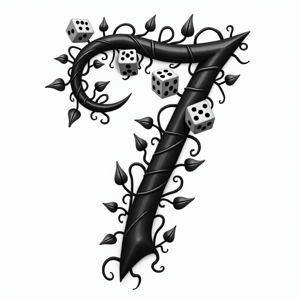 an abstract monochrome tattoo design featuring the number 7 intertwined with dice and ivy vines wrapping around them, symbolizing childhood luck and significance.higly detailed tattoo