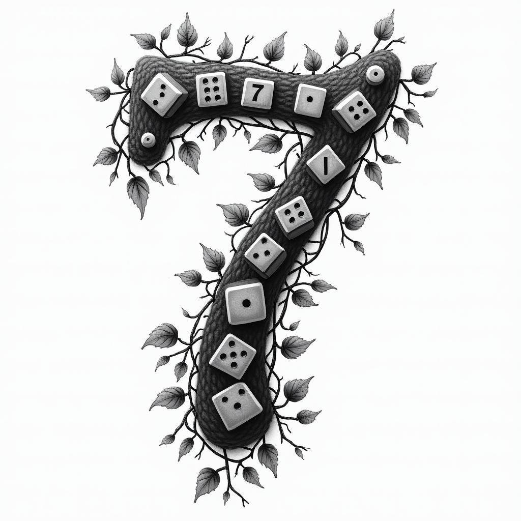 an abstract monochrome tattoo design featuring the number 7 intertwined with dice and ivy vines wrapping around them, symbolizing childhood luck and significance.higly detailed tattoo - Variation 2