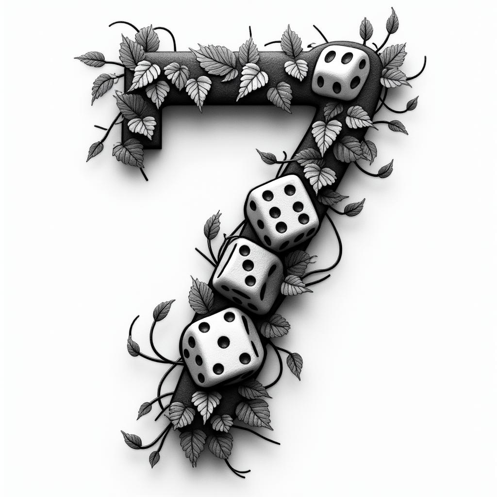 an abstract monochrome tattoo design featuring the number 7 intertwined with dice and ivy vines wrapping around them, symbolizing childhood luck and significance.higly detailed tattoo - Variation 4