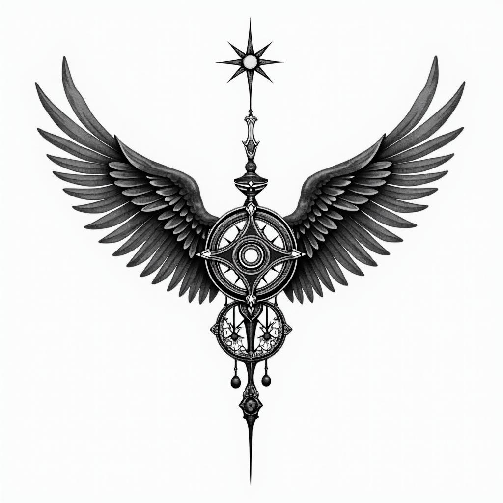 Faith , angel wingsin spiritual symbols tattoo style, featuring an intricate design incorporating elements, Hamsa hand, third eye, minimalist composition - Variation 2