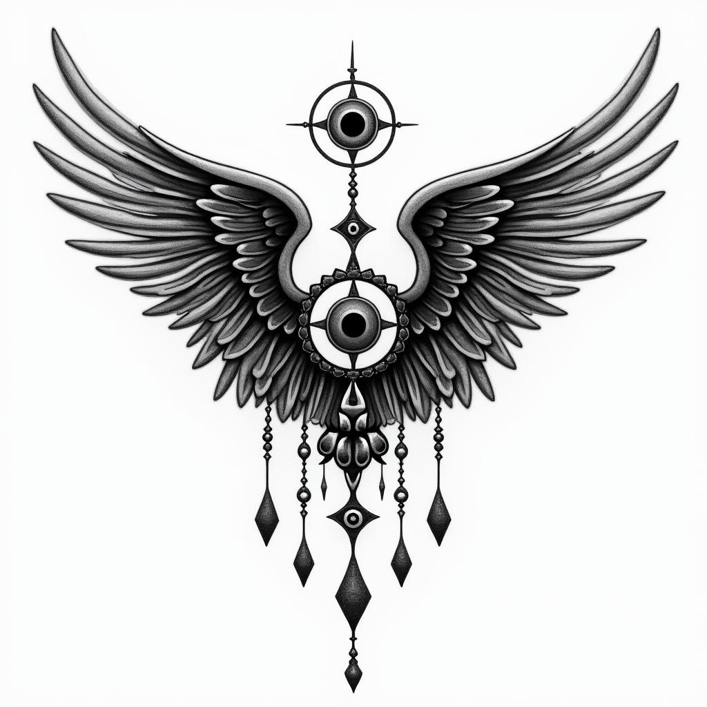 Faith , angel wingsin spiritual symbols tattoo style, featuring an intricate design incorporating elements, Hamsa hand, third eye, minimalist composition - Variation 4