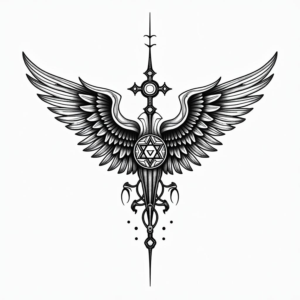 Faith , angel wingsin spiritual symbols tattoo style, featuring an intricate design incorporating elements, Hamsa hand, third eye, minimalist composition - Variation 3