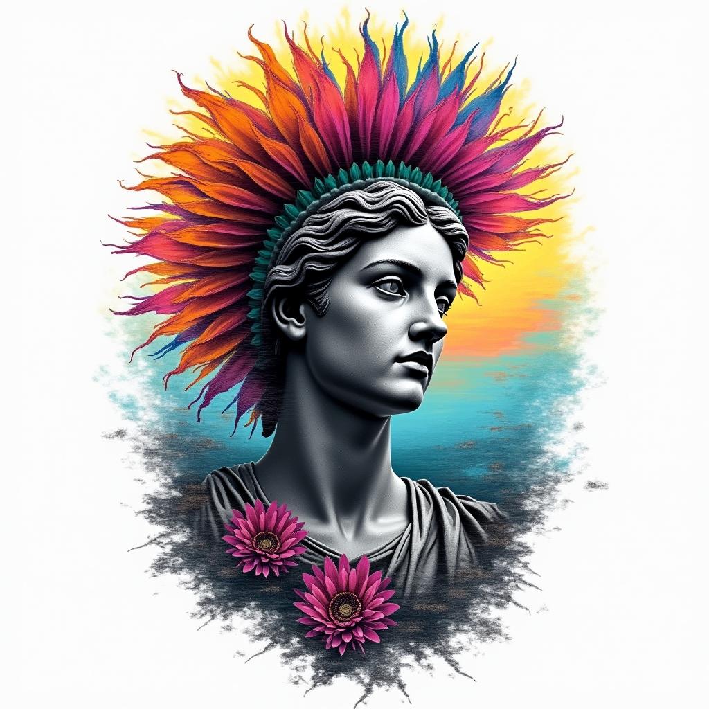 Sunflower, sunset, Kansasin distorted and fragmented tattoo design, featuring a classical statue bust, in a glitch art style with vibrant, overlapping colors of cyan, magenta, and yellow, creating a digital distortion effect - Variation 3