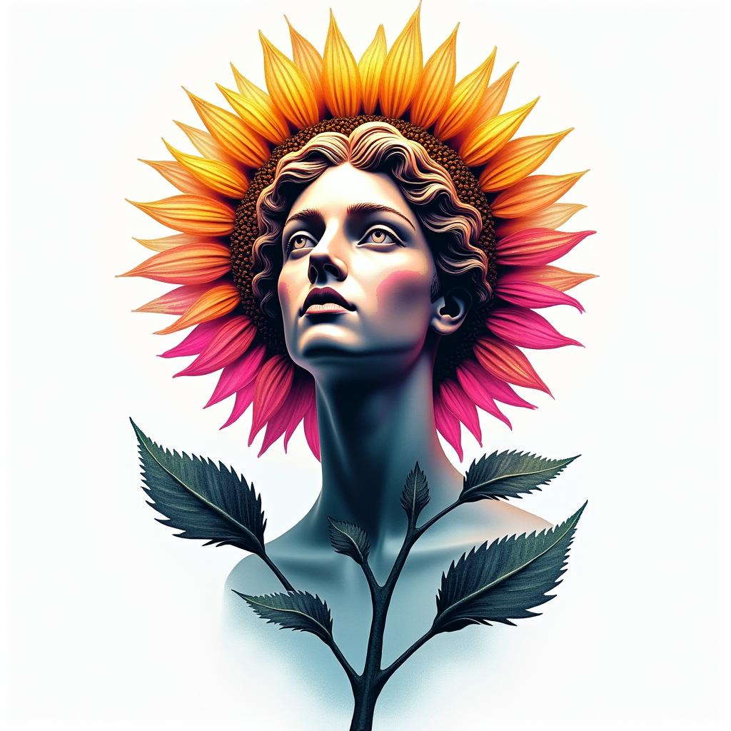 Sunflower, sunset, Kansasin distorted and fragmented tattoo design, featuring a classical statue bust, in a glitch art style with vibrant, overlapping colors of cyan, magenta, and yellow, creating a digital distortion effect - Variation 2