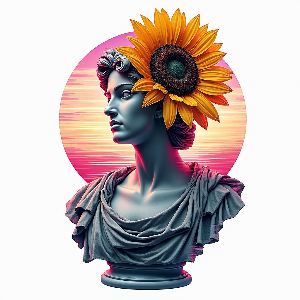 Sunflower, sunset, Kansasin distorted and fragmented tattoo design, featuring a classical statue bust, in a glitch art style with vibrant, overlapping colors of cyan, magenta, and yellow, creating a digital distortion effect