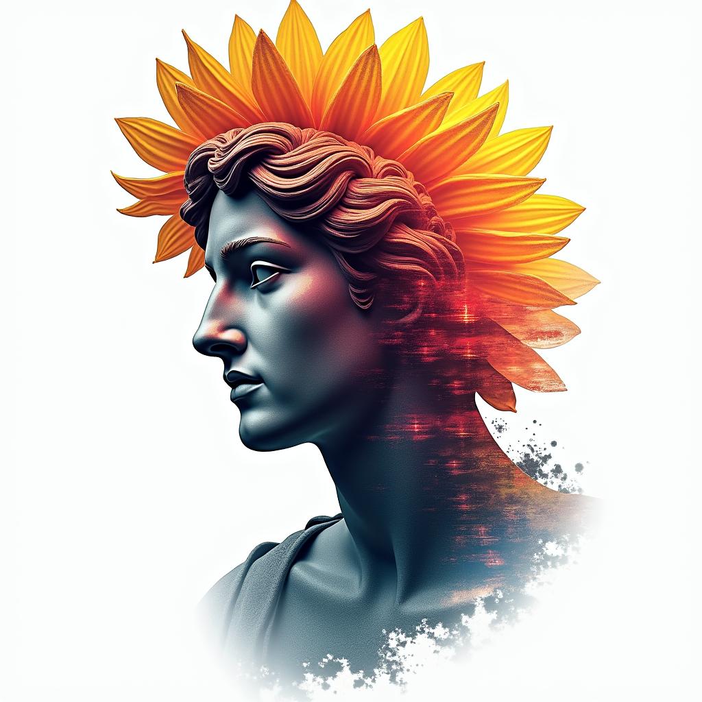 Sunflower, sunset, Kansasin distorted and fragmented tattoo design, featuring a classical statue bust, in a glitch art style with vibrant, overlapping colors of cyan, magenta, and yellow, creating a digital distortion effect - Variation 4
