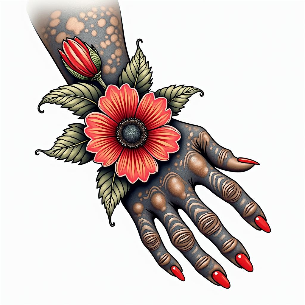 Rococo style flower braceletin pop art style tattoo, featuring bold and vibrant colors, exaggerated outlines, iconic imagery, inspired by comic books and speech bubbles, comic book characters, retro pop culture - Variation 3