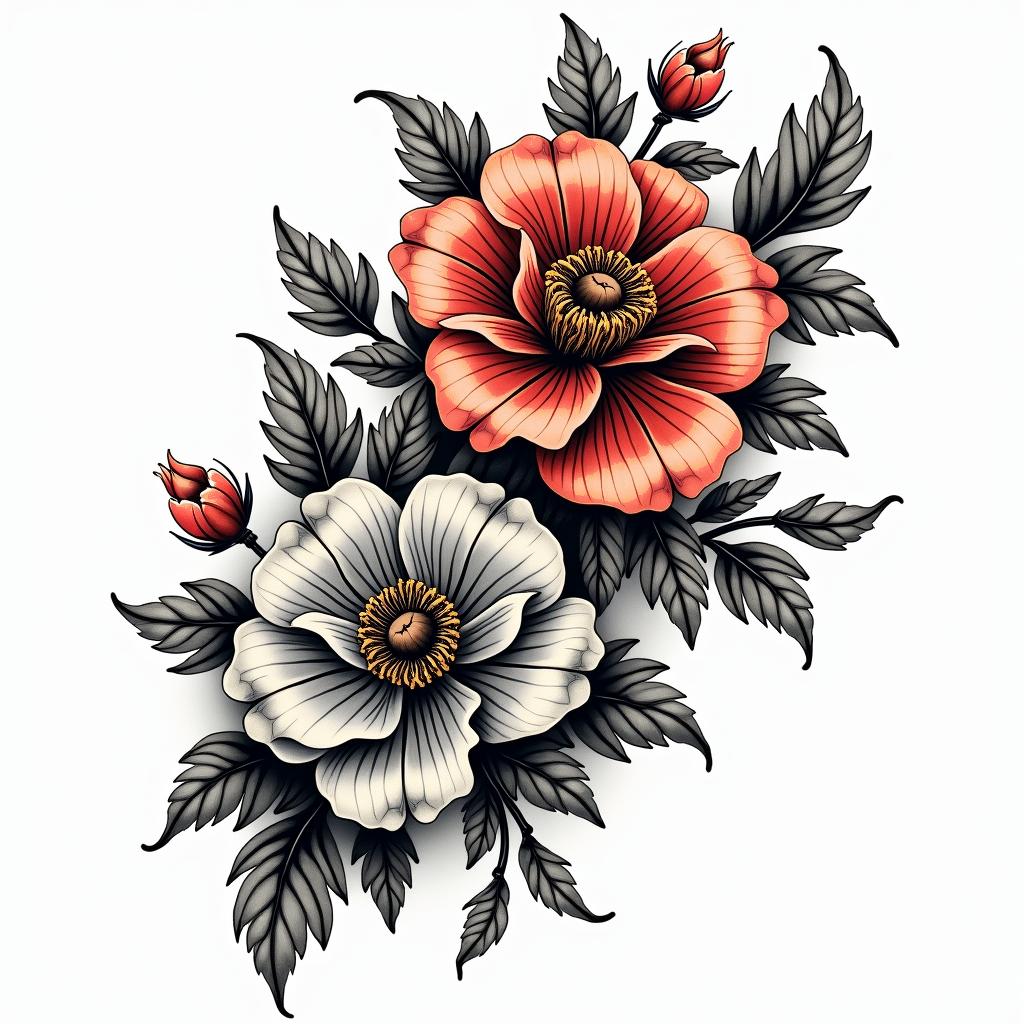 Rococo style flower braceletin pop art style tattoo, featuring bold and vibrant colors, exaggerated outlines, iconic imagery, inspired by comic books and speech bubbles, comic book characters, retro pop culture - Variation 4