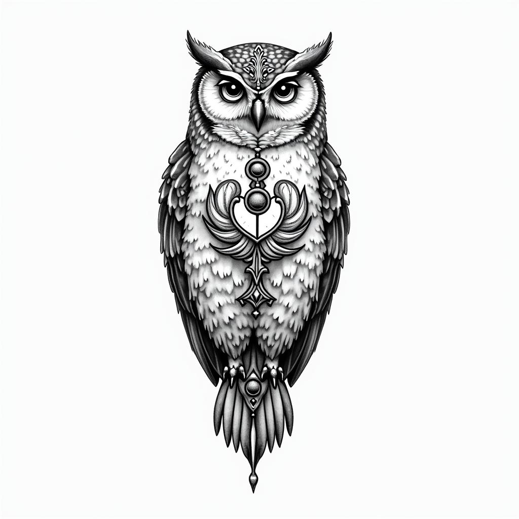 Owl is.in spiritual symbols tattoo style, featuring an intricate design incorporating elements, Hamsa hand, third eye, minimalist composition
